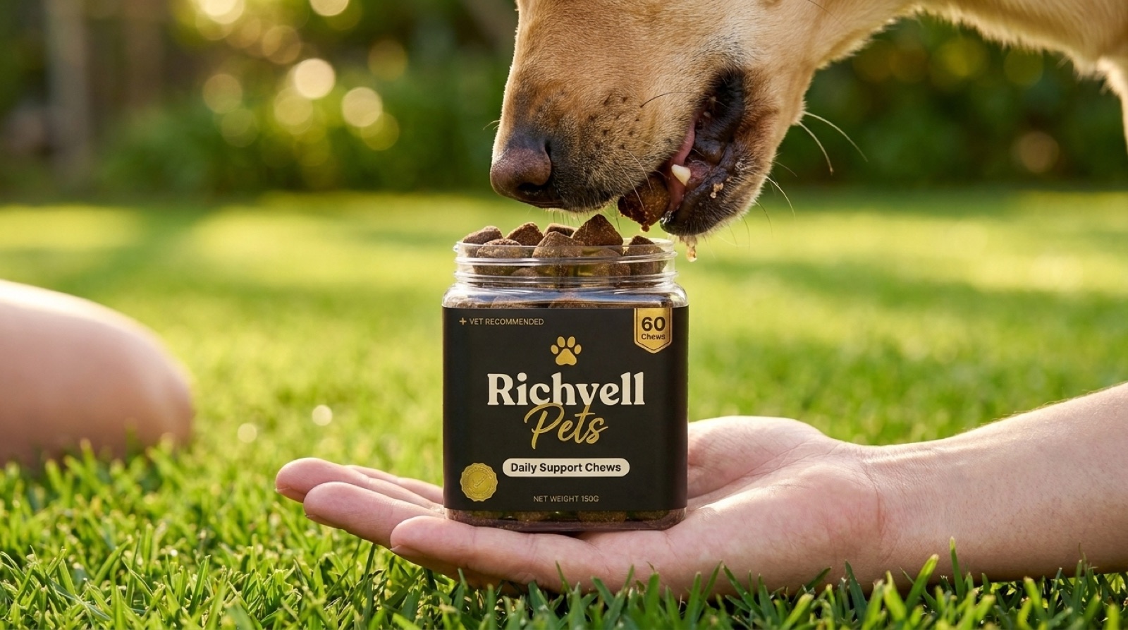 A dog eating a Richvell Pets chew from an open jar